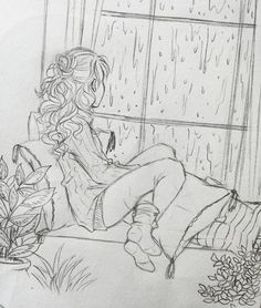 a pencil drawing of a woman sitting on a window sill