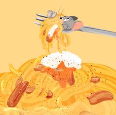 a cartoon mouse is eating spaghetti with cheese and sausages on the plate, while holding a fork above his head