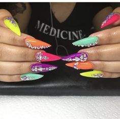 Colorful Nail, Creative Nail Designs, Summer Acrylic Nails, Neon Nails, Hot Nails, Fabulous Nails, Bling Nails