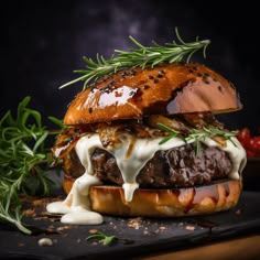 a burger with meat, cheese and herbs on a black plate next to some ketchup