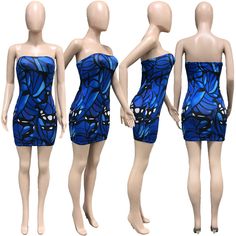 Women Sexy Print Strapless Bodycon Wrap Chest Mini Dress Blue Strapless Mini Dress For Club, Strapless Blue Mini Dress For Club, Bandeau Bodycon Mini Dress For Club, Blue Sleeveless Tube Top For Club, Blue Mini Length Tube Top For Party, Blue Strapless Tube Top For Club, Club Strapless Stretch Bodycon Dress, Bodycon Strapless Mini Dress For Beach, Strapless Bodycon Dress For Club