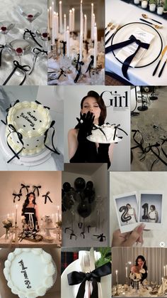 a collage of photos with black and white decorations, candles, pictures, and cake