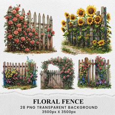 floral fence clipart with sunflowers, roses and other flowers on the fence