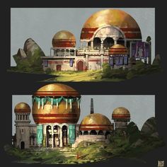 two different views of a building with domes