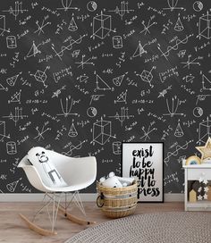 a black and white wallpaper with chalk drawings on it in a child's room