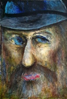 a painting of a bearded man with blue eyes and a black hat on his head