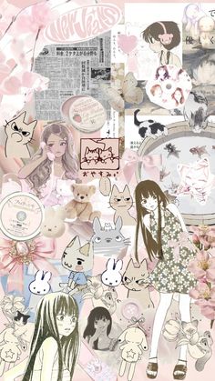 a collage of anime characters with pink flowers and other things in the background,