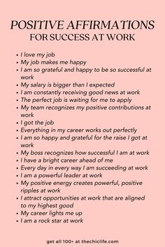 Click for 100+ positive success affirmations to help you bring more success into your days, weeks, years, and life overall. Try these successful career affirmations to help with work abundance and achievements. Crush your work goals with more ease and flow by calling in the Law of Attraction with the help of these success at work affirmations. Add your favorites to your vision board and/or Pinterest affirmations board. Use this list of success affirmations to start. Click for more!