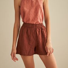 "Simple pair of shorts, flattering in any size or color. FEATURES: * elastic waistline * handy side pockets * the inseam is 10 cm / 3.9\" (size S) * 100 % natural, certified linen fabric * dyed and washed in small batches * natural cotton yarns * handmade at a small studio in Europe COLORS: Dyed and washed in small batches, so the color will be unique and superb quality to each piece. Please check the color options on the side menu. SIZE GUIDE / BODY MEASUREMENTS: XS Bust 28- 31\" (72- 80 cm) Wa Linen Shorts Curvy, Linen Trouser Shorts, Terracotta Shorts Outfit, Linen Shorts Sewing Pattern, Solid Color Shorts With Elastic Waistband, Linen Vacation Shorts, Summer Linen Shorts With Elastic Waistband, Linen Bermuda Shorts With Elastic Waistband For Vacation, Vacation Linen Bermuda Shorts With Elastic Waistband