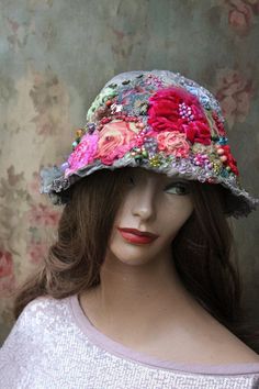 Handmade Whimsical Bucket Hat For Spring, Handmade Pink Bohemian Bucket Hat, Whimsical Brimmed Bucket Hat, Handmade Bohemian Bucket Hat, One Size, Bohemian Pink Flower Hat, Headgear Fashion, Bohemian Hats, Hippie Hat, Boho Hat