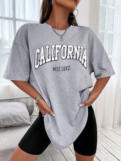 Light Grey Casual Collar Short Sleeve Fabric Letter  Embellished Medium Stretch  Women Clothing Long Short Sleeve Shirt, Trendy Crew Neck T-shirt With Embroidered Text, Trendy Long Sleeve T-shirt With Embroidered Text, Casual Gray T-shirt For College, T-shirt Large, Gray T-shirt For College In Fall, Short Sleeve T-shirt With Embroidered Graphics For College, Graphic Tee With Embroidered Graphics For College, Short Sleeve Tops With Embroidered Graphics For College