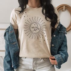 Celestial Shirt Moon, Bohemian Sun Shirt, Boho Sun and Moon Shirt Moon and Son T-Shirt, Astrology Shirt, Astronomy Shirt, Mystical Boho tee Looking for a unique and stylish way to express your love for the celestial sky? Look no further than this Celestial Shirt Moon! This Bohemian Sun Shirt features a stunning sun and moon design that is perfect for anyone who loves astrology and astronomy. With its boho sun and moon design, this Boho Sun and Moon Shirt is the perfect representation of the bala Sun And Moon Shirt, Boho Sun And Moon, Bohemian Sun, Love By The Moon, Sassy Tee, Sublimation Ideas, Boho Tees, Moon Shirt, Cricut Craft