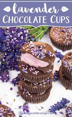 lavender chocolate cups with pink frosting and sprinkles