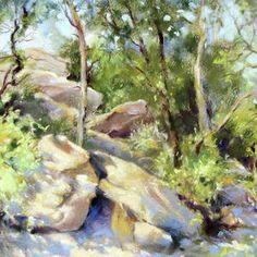 a painting of rocks and trees in the woods