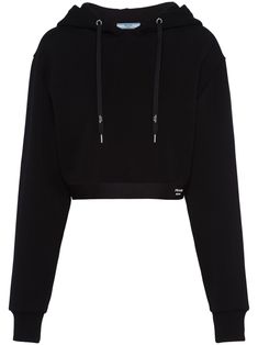 jet black cotton blend logo print at the hem logo-print drawstring drawstring hood long sleeves ribbed cuffs cropped Prada Sweatshirt, Prada Clothes, Virgo Rising, Prada Logo, Printed Drawstring, High End Fashion, Ulla Johnson, Hoodie Top, Cropped Hoodie