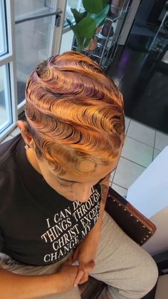 Skunk Stripe Finger Waves, Finger Weave Hairstyles, Quick Weave Finger Waves, Finger Waves With Color, Colored Finger Waves, Ginger Finger Waves, Finger Waves Natural Hair, Short Hair Waves, Waves Haircut