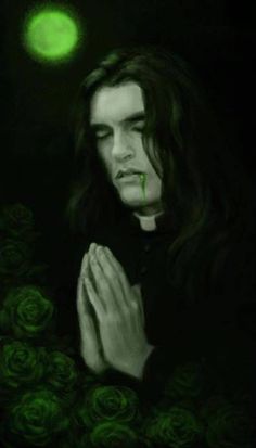 a painting of a man with long hair and green eyes praying in front of roses