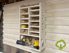 Orbital sander sandpaper storage rack shelf for storing disk sanders palm sanders with multiple shelves for different grid sandpapers on a cabinet attached to a french cleat storage wall made from plywood on a cnc router machine French Cleat Tool Storage Garage, French Cleat Router Bit Storage, Sandpaper Organizer Storage, French Cleat Storage Bins, Dewalt French Cleat, French Cleat Tool Holders, Sandpaper Organizer, Sanding Station, Sandpaper Storage