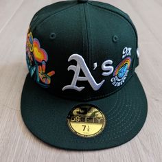 New Era Oakland A's Groovy World Series Hat Brand New Sz 7 1/8 And 7 5/8 Green Flat Brim Hat, One Size Fits Most, Green Fitted Hat With Short Brim, Green Snapback Hat For Streetwear With Short Brim, Multicolor Snapback Hat With Flat Brim For Spring, Multicolor Flat Brim Snapback Hat For Spring, Green Adjustable Fitted Hat With Short Brim, Green Baseball Cap With Short Brim For Streetwear, Green Baseball Cap For Streetwear With Short Brim, Green Streetwear Baseball Cap With Short Brim