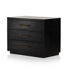 a black nightstand with two drawers and gold pulls on the bottom, in front of a white background