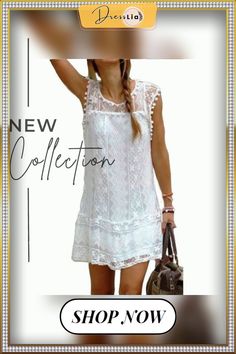 Fashion Summer Dress Sexy Women Casual Sleeveless Beach Short Dress Tassel Solid White Mini Lace Dress Plus Size Sleeveless Dresses With Tassels For Beach Season, Sleeveless Tassel Dress For Beach Season, Sleeveless Fringe Mini Dress For Spring, Lace Mini Dress For Summer Beachwear, Casual Sleeveless Lace Dress, Chic Sleeveless Tassel Dresses, Chic Sleeveless Dress With Tassels, Spring Sleeveless Dresses With Tassels, Casual Summer Beach Dress With Tassels