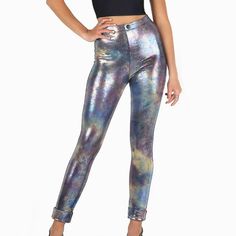 Black Milk Pants That Are Stunning, Shimmers And Sparkles With A Million Different Colors In The Light, Like A Slick Of Oil Catching The Light Of A Streetlamp On The Road. It Looks Particularly Amazing In These Leggings, Which Slay With A False-Fly-And-Button Front, Flattering Side Seams And Hem May Be Cuffed. Measures Approx. Waist: 12.5"; Hip: 13 3/8"; Length: 38.5"; Rise: 11.5". Size Small. Excellent Condition, Appears Unworn. 85% Nylon / 15% Elastane Care Instructions: Hand Wash Only, Do No Slim Fit Pants For Spring Party, Metallic High Rise Fitted Bottoms, Fitted High Rise Metallic Bottoms, Trendy Fitted Metallic Bottoms, Fitted Metallic Leggings For Fall, High Waist Metallic Pants For Summer, Metallic High Waist Summer Pants, Trendy Metallic Pants For Night Out, Trendy High Rise Metallic Bottoms