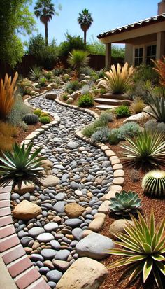 a garden with lots of rocks and plants in the front yard, including succulents