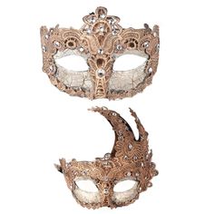 two masquerade masks are shown on a white background