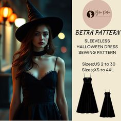 a woman wearing a black dress with a witch hat on her head and the words, bereta pattern sleeveless halloween dress sewing pattern size s to xxl