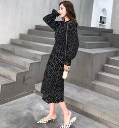 Women Dress Elegant Stand Collar Polka Dot Flare Sleeve Side Split JKP3867 Long Sleeve Polka Dot Floral Dress, Polka Dot Long Sleeve Chiffon Dress, Polka Dot Chiffon Long Sleeve Dress, Long Sleeve Chiffon Dress With Polka Dots, Leather Pants Style, Floral Print Chiffon Dress, Side Split Dress, Boho Chic Dress, Vintage Swimwear