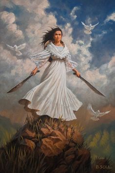 a painting of a woman holding two swords and standing on top of a hill with birds flying around her