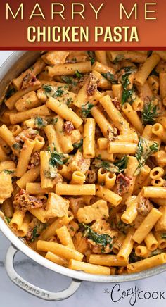 a pot filled with chicken pasta and spinach