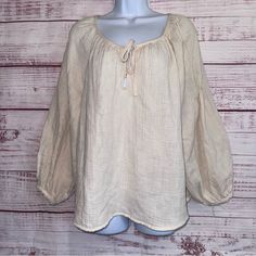 Nwot- Women's Universal Thread Balloon Long Sleeve Everyday Blouse. Button Tie Neckline With Button Closures At Sleeves. Women's Size: Xl **Note Light Run On Back Of One Sleeve, See Photo #4 St-S Beige Long Sleeve Peasant Top For Daywear, Cream Long Sleeve Peasant Top For Daywear, Long Sleeve Beige Peasant Top For Daywear, Beige Long Sleeve Cotton Peasant Top, Cream Long Sleeve Peasant Top For Fall, Casual Button-up Peasant Top For Summer, Cream Cotton Button-up Blouse, Beige Peasant Cotton Blouse, Beige Long Sleeve Peasant Top For Fall