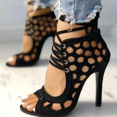 Summer High Heels Sandals Peep Toe Hollow-out Gladiator – lastrafashion Summer High Heels Sandals, Summer Pumps, Gladiator Shoes, Basic Heels, Lace Up High Heels, Hot Heels, Peep Toe Heels, Wedge Boots