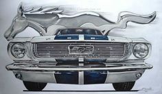 a drawing of a mustang car with horses on it's hood and tail lights