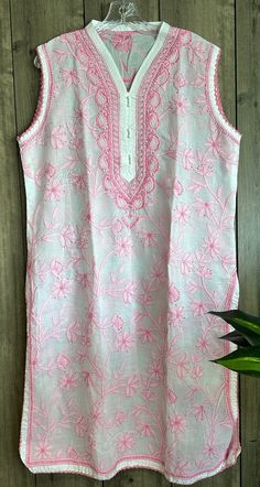 Soft sheer cotton sleeveless kurta with all over hand embroidery. Sleeveless Kurta, Cotton Kurta, Hand Embroidery, Desi, Beauty Book, Art Collection, Etsy Accessories, Casual Outfits, Tee Shirts