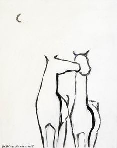 a black and white drawing of two people standing next to each other with the moon in the background