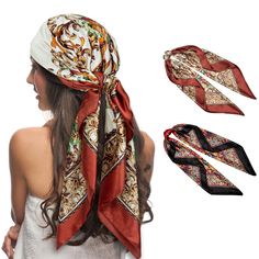 PRICES MAY VARY. Material: Hair scarf is made of polyester; head scarf for women's hair with bright colours, shiny surface, silky touch, making it very comfortable and breathable to wear Size & Packaging: Bandanas for women contains 2x different styles of silk scarves with the size of 35x35 inches( 90x90 cm); Different colors, different styles, bring you different Multiple Uses: Head scarf can be widely used as hair scarf, headband, neck scarf, belt, beautiful hair accessories to tie around your Hair Wraps For Sleeping, Satin Head Scarf, Scarf For Hair, Satin Background, Pirate Accessories, Ladies Head Scarf, Silk Scarf Hair, Hair Wrap Scarf, Beautiful Hair Accessories