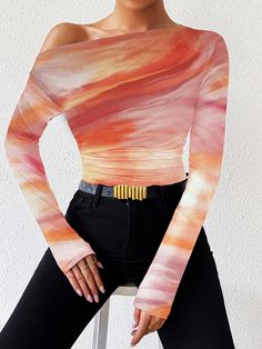 Spring&Summer Fashion Marble Ombre Print Asymmetrical Ruffle Trim Long Sleeve T-Shirt Pink Casual  Long Sleeve Knitted Fabric Tie Dye,All Over Print  Slight Stretch  Women Clothing, size features are:Bust: ,Length: ,Sleeve Length: Ombre Print, Strapless Crop Top, Womens Tie, Graphic Tees Women, Summer Tops, Long Sleeve Knit, Summer Shirts, Ruffle Trim, Spring Outfit