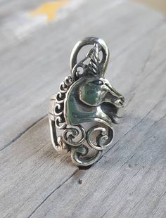 "Large unicorn ring Sterling silver  Horse curly art nouveau mane.  MADE TO ORDER ONLY It weights 10-11gms (depending on the size) The length down the finger is 32mm×22mm(1 3/8'' × 1\")  I can make it any size !!   I also make this in gold...nice and light so not very expensive" Curly Art, Hippy Art, Unicorn Ring, Fantasy Ring, Long Ring, Silver Horse, Woodland Fairy, Star Ring, Ring Sterling Silver