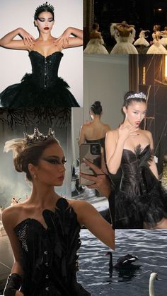 a collage of photos with women in black dresses and swans on their heads, one woman is taking a selfie while the other looks at her cell phone