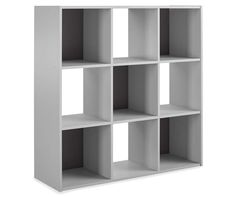 a white bookcase with six shelves on each side