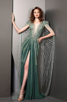 Crystal beaded high slit dress with cape Tarik Ediz Dresses 2023, Ziad Nakad, Dress With Cape, Fantasy Dresses, Fantasy Dress, Cape Dress, Mode Inspiration, Beautiful Gowns, Fancy Dresses