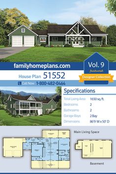 the floor plan for this house is shown in blue and white, with two garages on