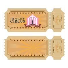 two tickets for the amazing circus are shown in three different colors and sizes, each with an image of a tent on top