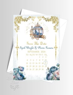 a wedding save the date card with an image of a carriage and flowers on it