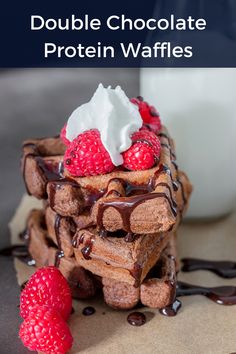 A chocolate protein waffle version of a protein powder recipe covered in raspberries, chocolate sauce, and whipped cream. Chocolate Protein Powder Recipes, Whole Grain Waffles, Waffles Healthy, Peanut Butter Waffles, Bars Recipes Healthy, Waffles Chocolate, High Protein Breakfast Ideas, Protein Vegetarian Recipes, Protein Breakfast Ideas