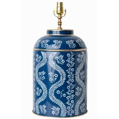 a blue and white canister with a light on top