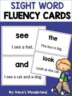 sight word fluen cards with the words, see and look at the cat on them