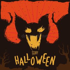 scary halloween poster with an evil demon head and the words scary written in orange on a black background